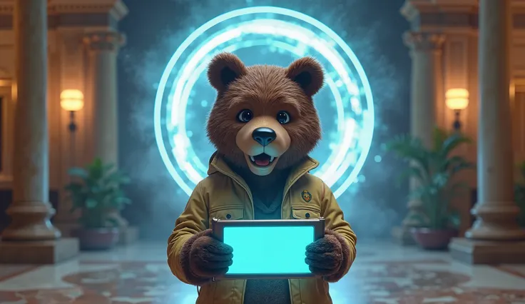 Realistic Pixar-style mascot (friendly humanoid bear in vintage safari jacket) holding a glowing holographic tablet; behind them...