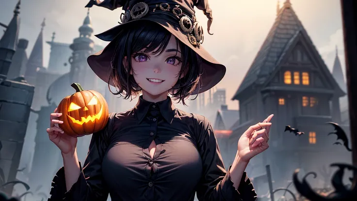 1girl , solo , halloween , night , old house , owl , bat , pumpkin , ((skeletons)) , ((skulls)) , creepy , trees , ((witch)) , b...