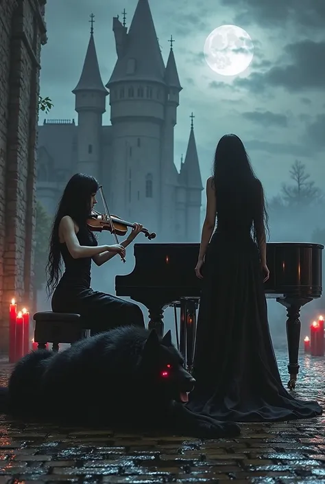 A gothic fantasy scene, ultra-detailed and cinematic. Two pale women with long black hair perform before a towering gothic castl...