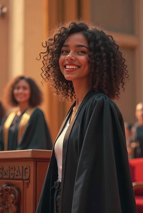 Girl with more or less curly hair graduating 