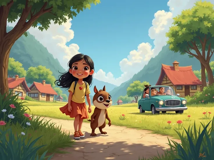 disney style A topu and a girl tithi, who are , arrive in the village. A Car stopping, trees, an open field, and excited s.