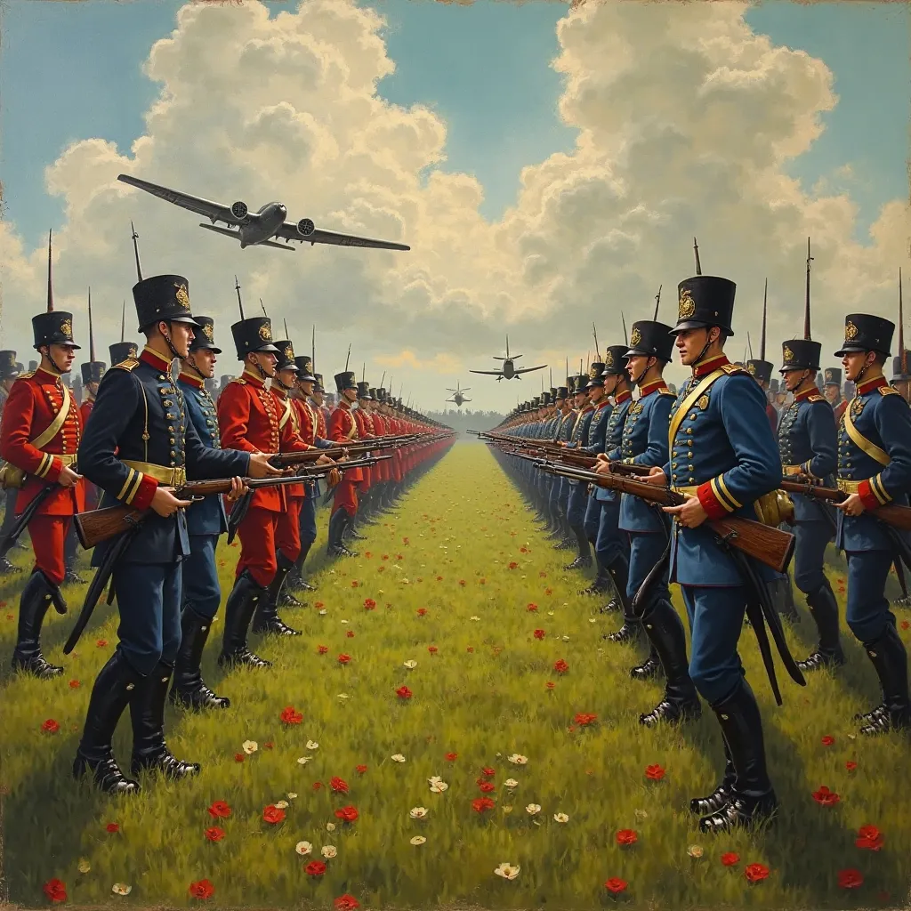 REALISTIC OIL PAINTING, He is Russian , porcelain skin. An army dressed in black and red suits, and one dressed in blue and gold...