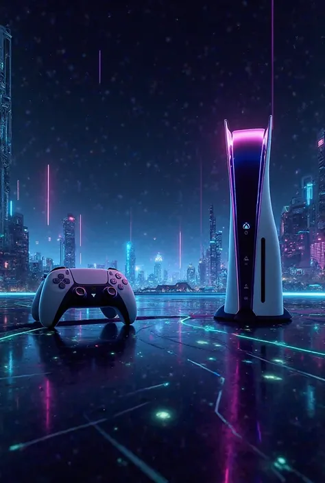 "Futuristic digital wallpaper background featuring abstract neon shapes, glowing holographic elements, and sleek console silhoue...