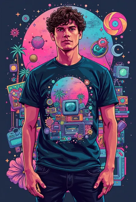 An 80s themed t-shirt, mix icons and elements of the season, Use the elements well, but don't make a very full shirt