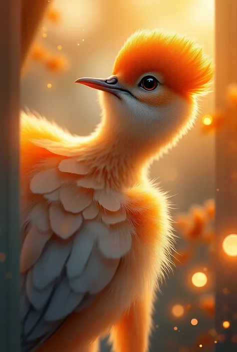 A mesmerizing portrait in the foreground of a beautiful little bird illuminated by the soft golden light of a quiet morning, wit...