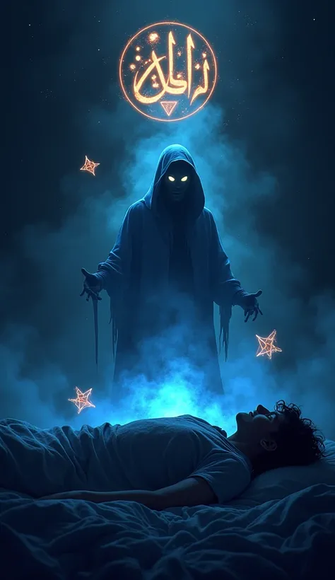A terrifying and mystical digital illustration in dark supernatural style. The scene depicts a shadowy dream world where a perso...