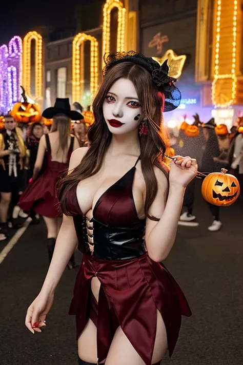 A seductive girl in a vampire cosplay, wearing a luxurious red and black velvet dress with a deep V-neck, fitted bodice, flowing...