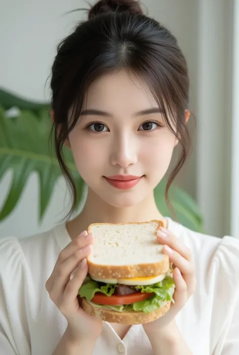 An Asian woman holding a whole-grain sandwich with fresh vegetables, looking directly at the viewer with a light, joyful express...