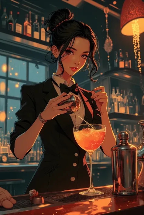 Legendary bartender girl , slender suits style,shaking make a cocktail