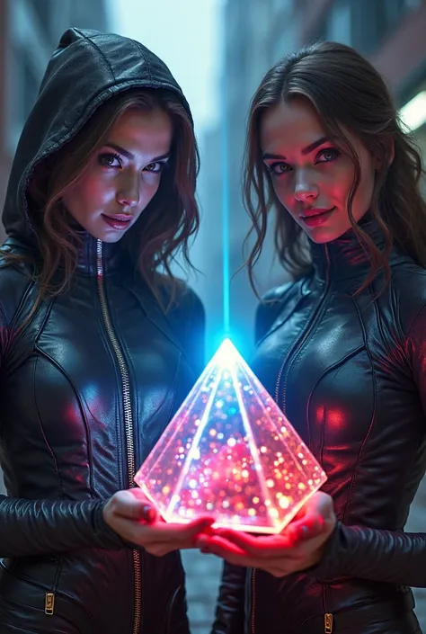 Two young women, with a very evil smile, disguised as modern superheroes, they hold in their hands a shiny pyramidal and portabl...