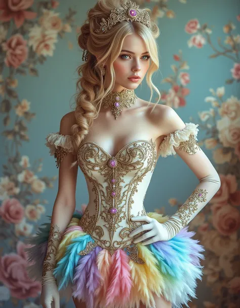 A modern Rococo Marie Antoinette dressed as a fairy. A charming and realistic fullbody portrait.  She is wearing a rococo dress,...