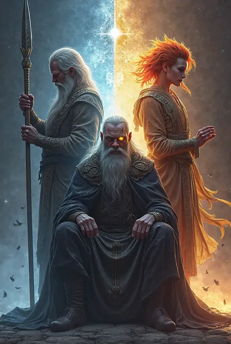 Odin – Der Geist (Hugr / Seele / Weisheit)
A tall, elder god figure seated or standing in the center, with a long grey beard, a ...