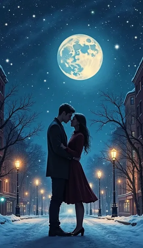 A strikingly romantic scene unfolds under the full moon on a winter night, as a beautiful silhouette of a couple stands amidst a...