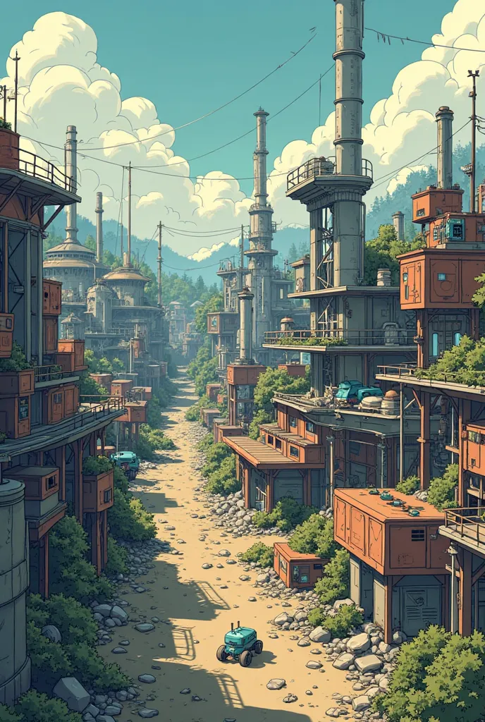 I want to make a cartoon picture of an abandoned factory, a robot factory, and the view will be from above so I can use it as a ...