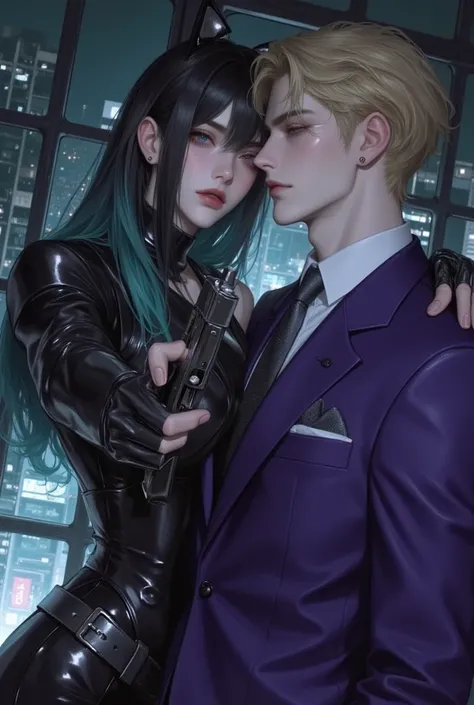 "A dramatic, semi-realistic manhwa-style illustration of a high-stakes confrontation between a man(golden hair, dark red eyes, w...