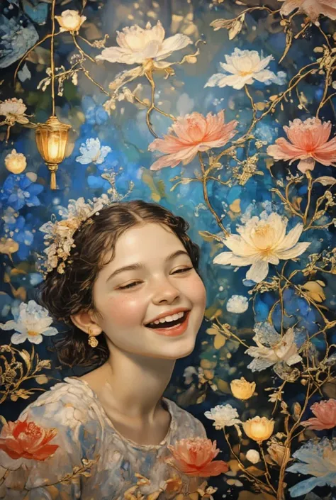 (very beautiful and elaborate painting:1.5),Beautiful Nature, colorful flowers々に囲まれて口を開けて笑う少女のポートレート、vivid、Many kinds of flowers...