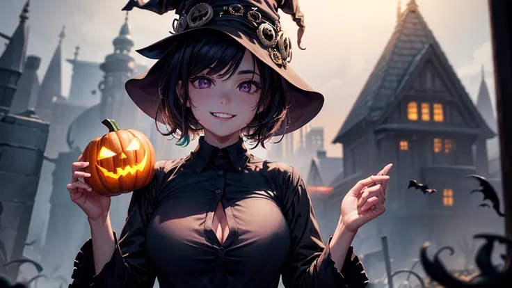 1girl, ((full body)), solo, ((mature girl)), spring, trees, house, blue green hair, short hair, ((large full breasts)), blue eye...