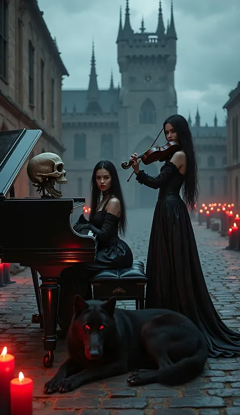 A gothic fantasy scene featuring two beautiful women in a dark castle courtyard at night. One woman with pale skin and long blac...