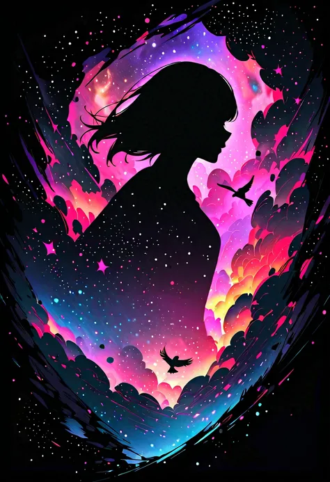 crow silhouette in profile, Inside the crow silhouette you can see the double exposure with a deep space, universe, supernova ex...