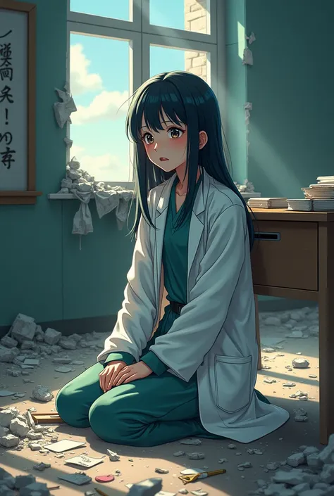 sad teacher girl with doctor robe sits in a destroyed classroom anime style