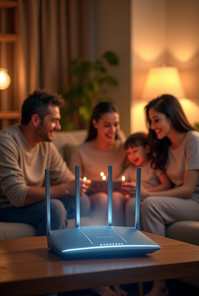 "Create a scene where a family enjoys seamless streaming and video calling, with the router in the foreground."