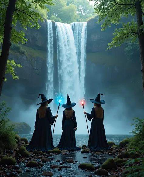 3 witches at a waterfall in the forest, magic wand, witch, magical, concept art, portrait, detailed, photorealistic, high defini...