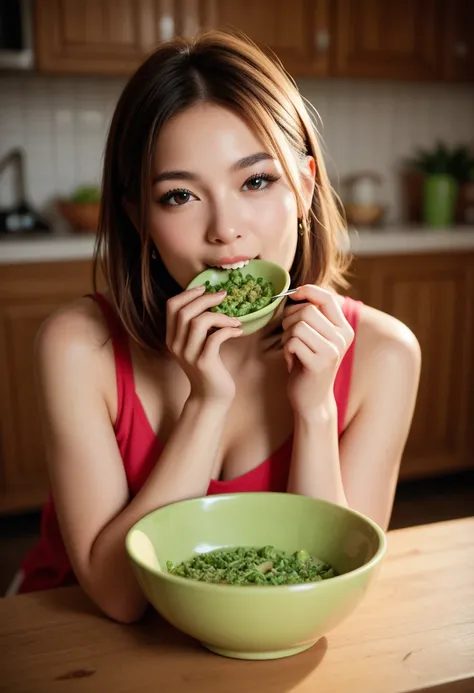 mixed race dog eating from a green bowl eating in a realistic house the dog