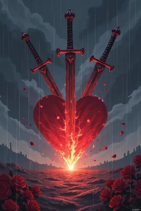 "Nay Draw a 'Three Swords' map in the style of dramatic anime, conveying deep emotional pain, a broken heart and a moment of bit...
