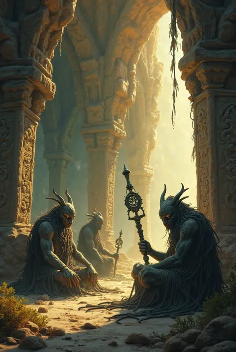 A group of normal-sized sleeping creatures with ancient weapons inside a large cave