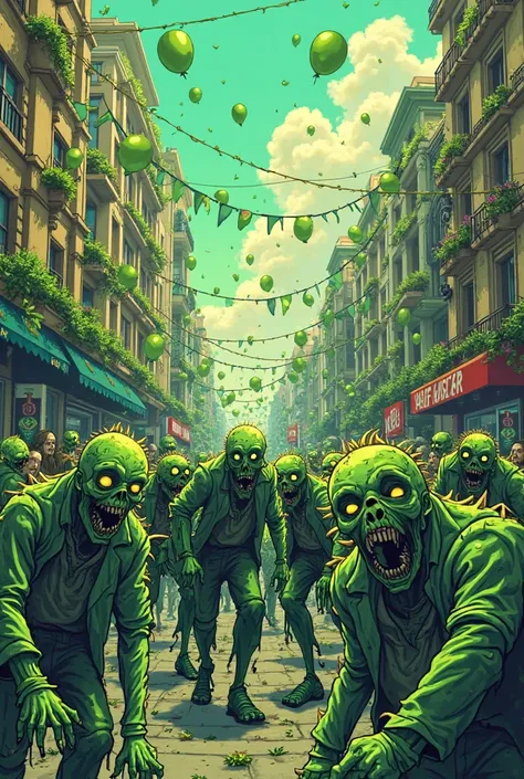 Crie imagem sobre "o dia verde " With zombies in the comic