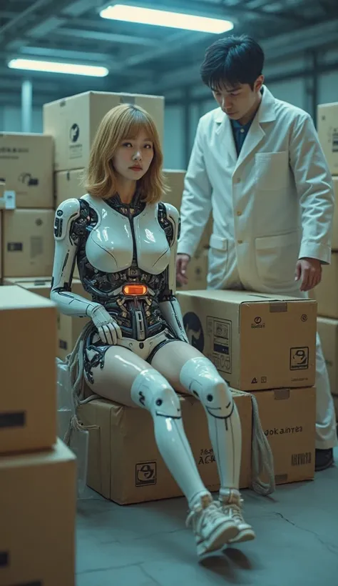 Realistic sci-fi video of a young Japanese woman, about 20 years old, with long golden hair, she sits still inside a large parce...