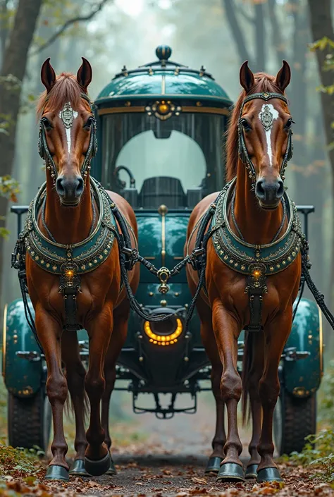 A beautiful robust futuristic dark teal and gold horse carriage with two brown horses with headlights and glass windshield