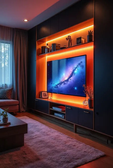 small media wall, cabinets, cozy, recessed lighting, warm lightning, large tv, dark wall, black cabinets, night time, tv on anim...