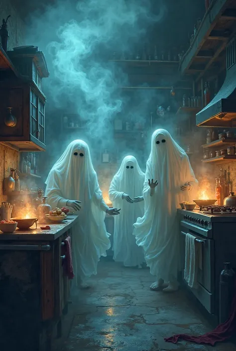 indian Dark smoky kitchen with pakora smell and burning mist in the air, ghostly ambiance in cartoon style