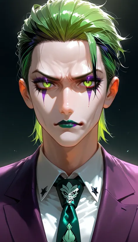 1 man, green hair with black highlights, slicked back hair, green eyes with purple flecks, good looking, wearing a dark purple s...