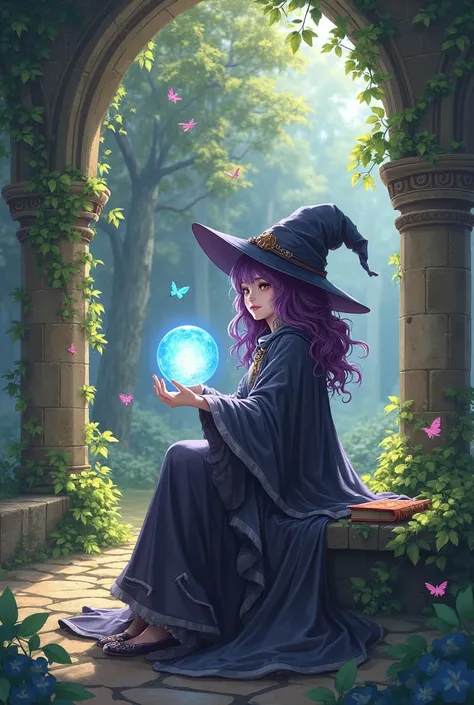A mysterious anime-style girl playing with a crystal ball in a sun-dappled ruins garden. She has deep purple curls and wears a d...