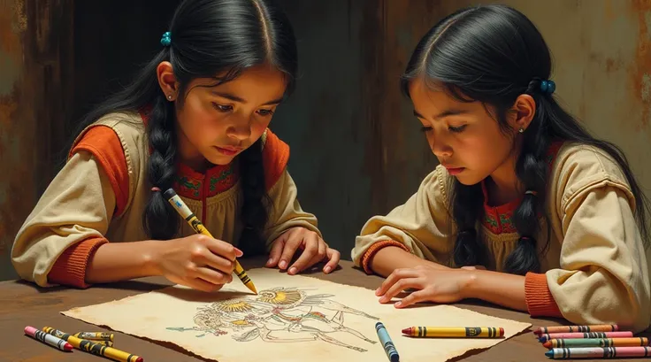 Prompt 4: "A young Native girl drawing pictures of stereotypical 'Indians' with crayons on parchment while her cousin watches sa...