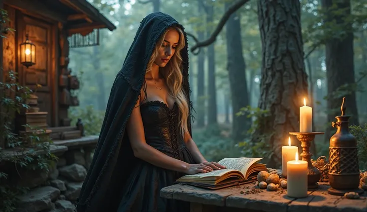 Beautiful witch in a light-eyed blonde enchanted cabin, enchanted witch's hoodie, gorgeous black corset dress, several magic boo...