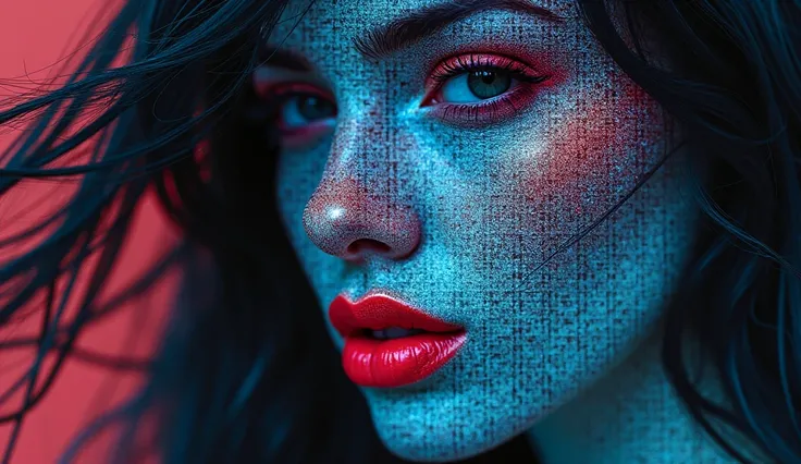 "A stunning woman's face (flowing dark hair, red lips) composed of tiny transaction receipts totaling $50,000. When viewed from ...