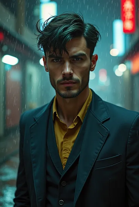 A tall, lean man in his late 20s with tousled dark green-black hair, high cheekbones, and deep-set, intense eyes. His face is sl...