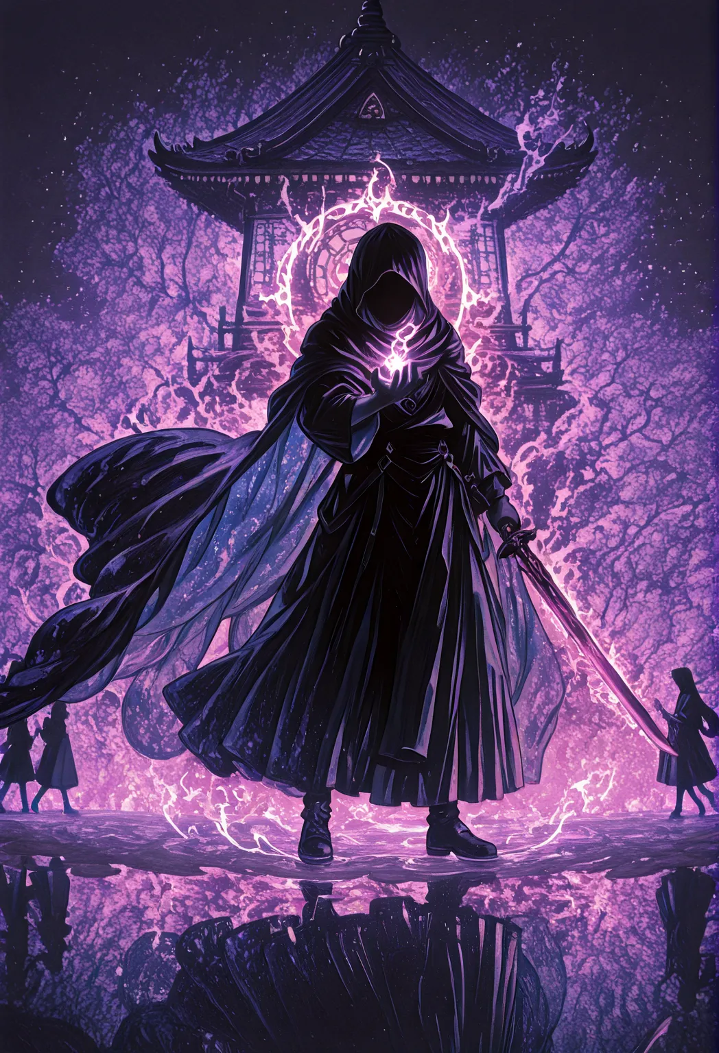 The image is a digital illustration featuring a stylized anime character standing in a dramatic pose. The character’s silhouette...