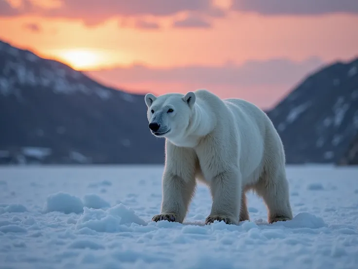 The image shows a polar bear standing on a snowy surface, likely ice, against a backdrop of a dark, mountainous landscape under ...