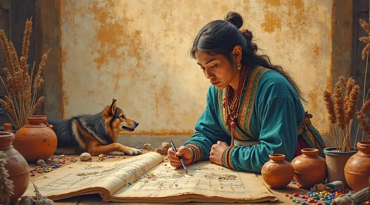 Prompt 4: "A Native filmmaker painting storyboards onto birchbark scrolls, surrounded by clay jars of pigments and a sleeping do...