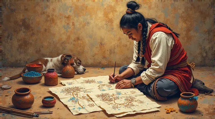 Prompt 4: "A Native filmmaker painting storyboards onto birchbark scrolls, surrounded by clay jars of pigments and a sleeping do...