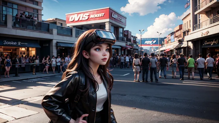 Virtual reality representation of a shopping mall complex with digital storefronts, interactive AR signs, and crowds of avatars ...