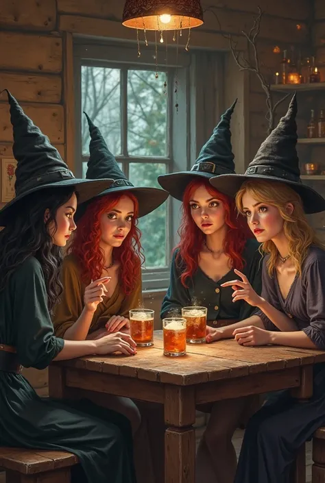 Four very young witches. One with black Hair. One with Red Hair. One with Brown Hair. One with White Hair. In a cabin. Having a ...
