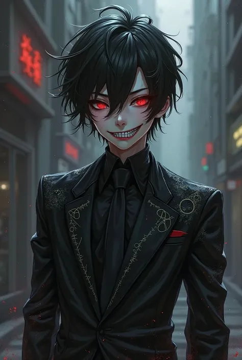 anime boy , wizard , black suit with chart , Gunchi smile , psychopath , red eyes