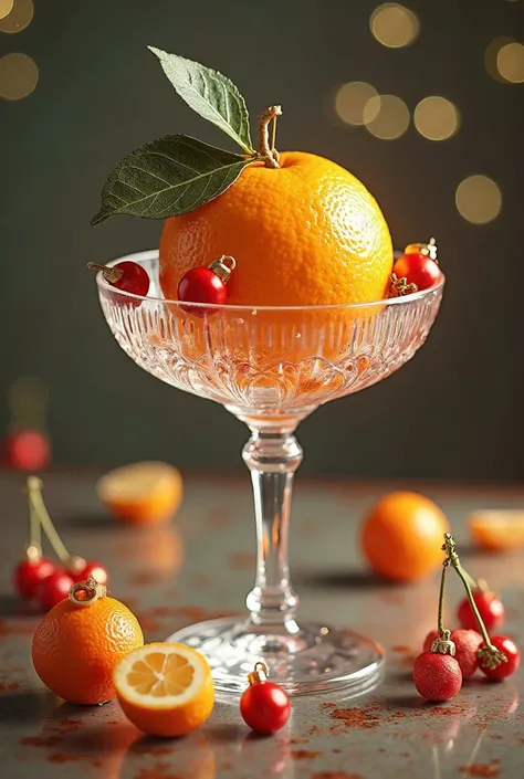 an orange served in a crystal glass with cherry and sobrillita ornaments as an ornament