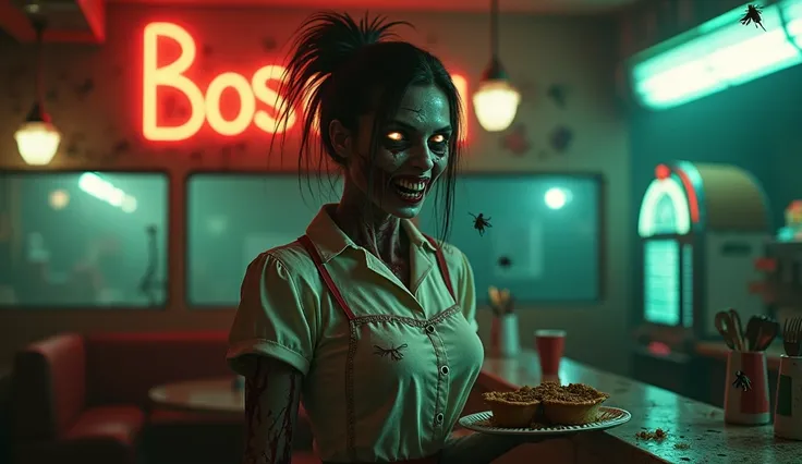 "A terrifying young waitress with a zombie-like appearance stands in a dim, decaying diner, her hollow eyes glowing faintly in t...