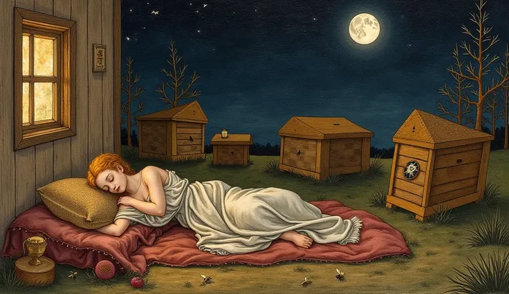 Twilight interior lit by silver moonlight through a window, blankets spread before the hives, the figure asleep with the wax bal...